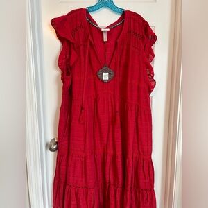 Knox Rose Flutter Short Sleeve BOHO Tiered Crochet Dress Strawberry Jam Red 3X